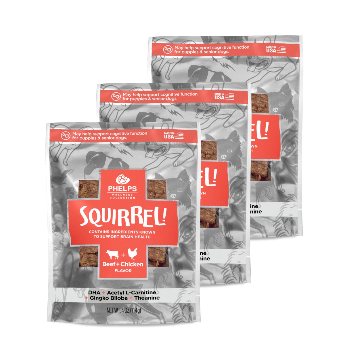 Picture of Phelps Pet Products 192959811575 4.5 oz Wellness Collection Squirrel Attention Focusing Beef & Chicken Flavor Dog Treats - Pack of 3