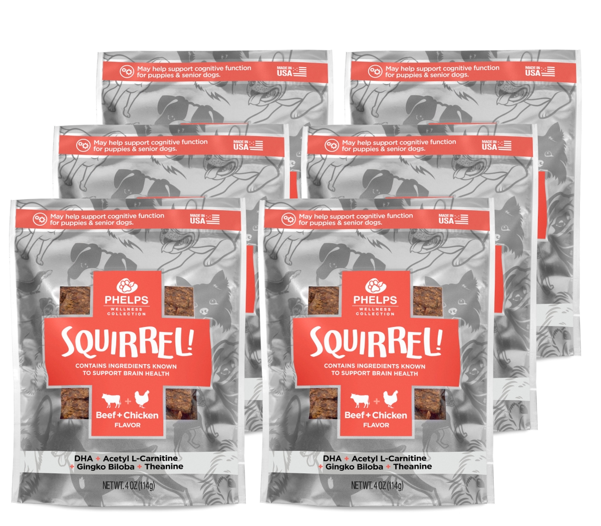 Picture of Phelps Pet Products 192959811582 4.5 oz Wellness Collection Squirrel Attention Focusing Beef & Chicken Flavor Dog Treats - Pack of 6