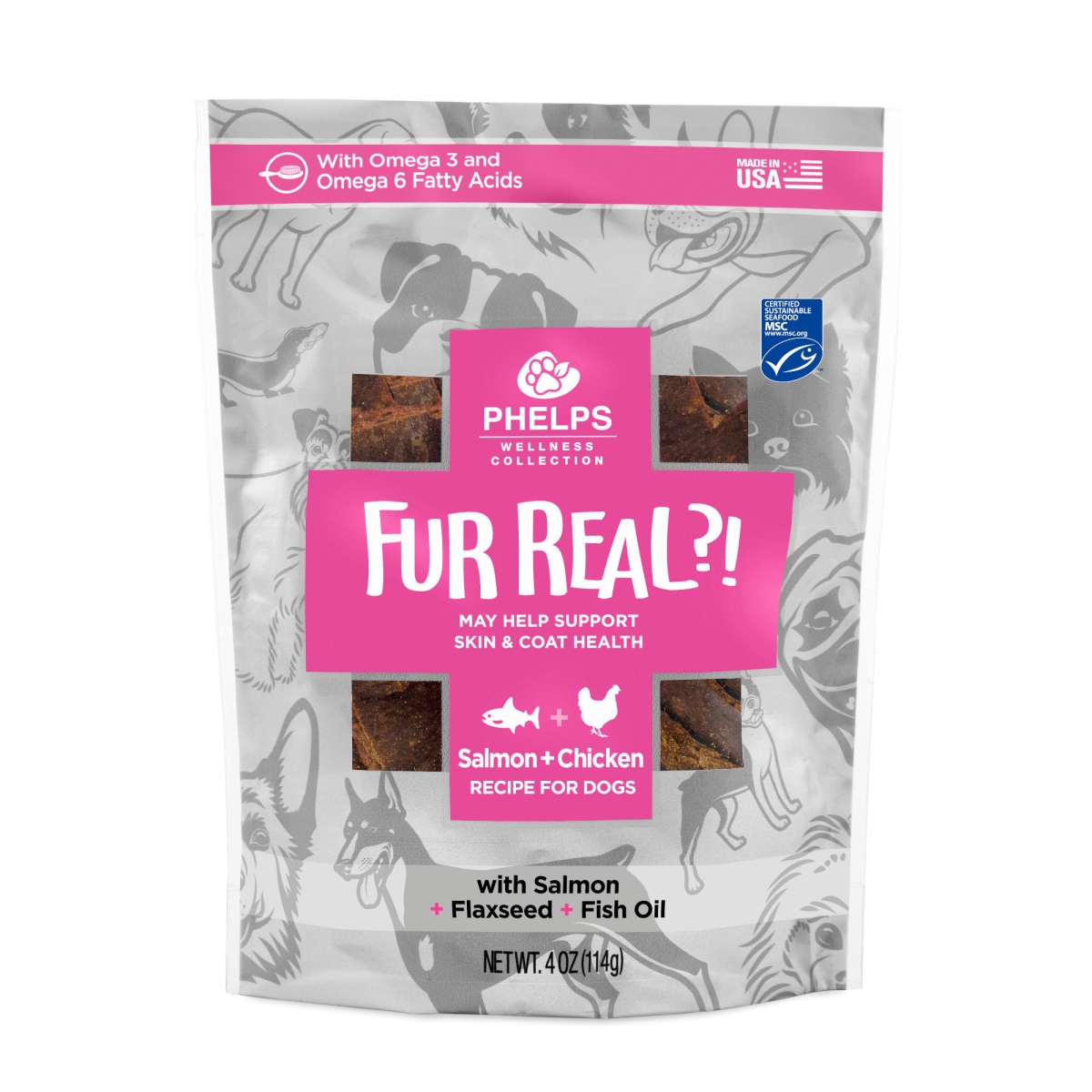 Picture of Phelps Pet Products 722791900023 4.5 oz Wellness Collection Fur Real Skin & Coat Salmon & Chicken Recipe Dog Treats