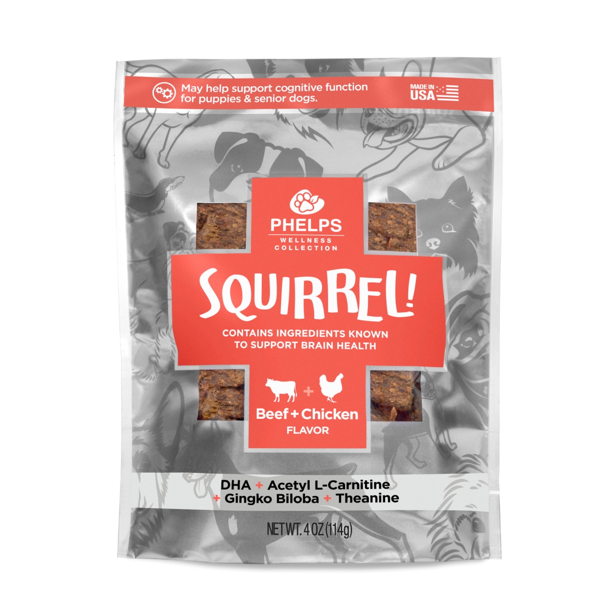 Picture of Phelps Pet Products 722791900160 4.5 oz Wellness Collection Squirrel Attention Focusing Beef & Chicken Flavor Dog Treats