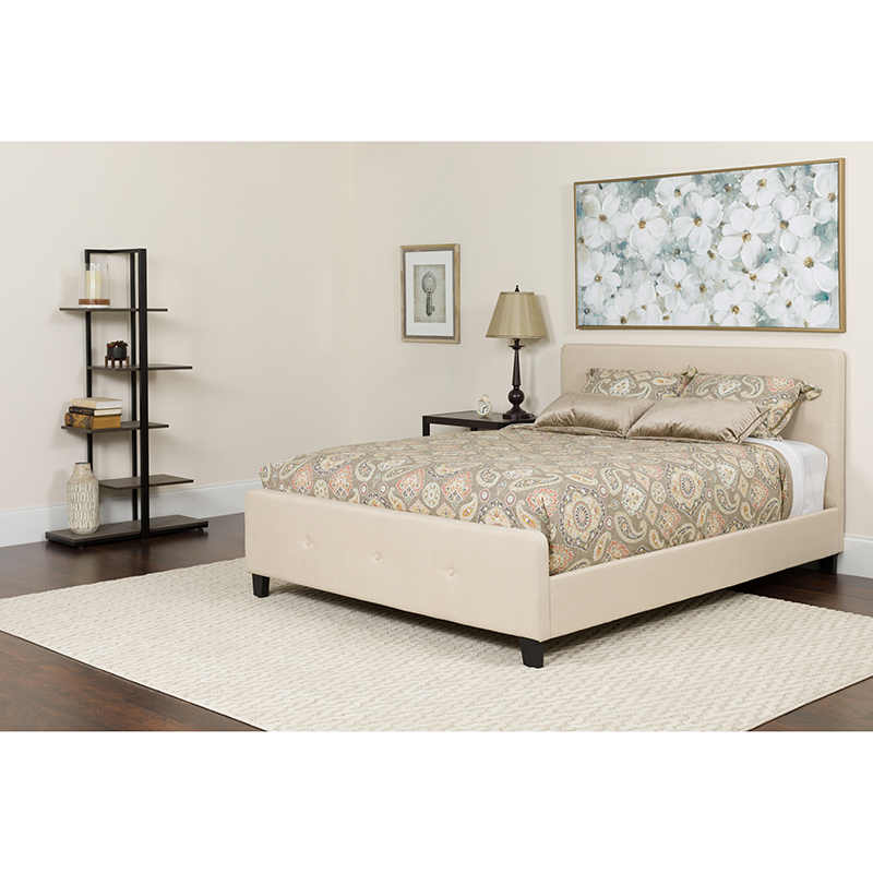 HG-BM-19-GG Tribeca Fabric Tufted Upholstered Platform Bed with Pocket Spring Mattress, Beige - Queen Size -  Flash Furniture