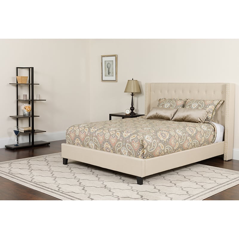 HG-BM-33-GG Riverdale Fabric Tufted Upholstered Platform Bed with Pocket Spring Mattress, Beige - Twin Size -  Flash Furniture