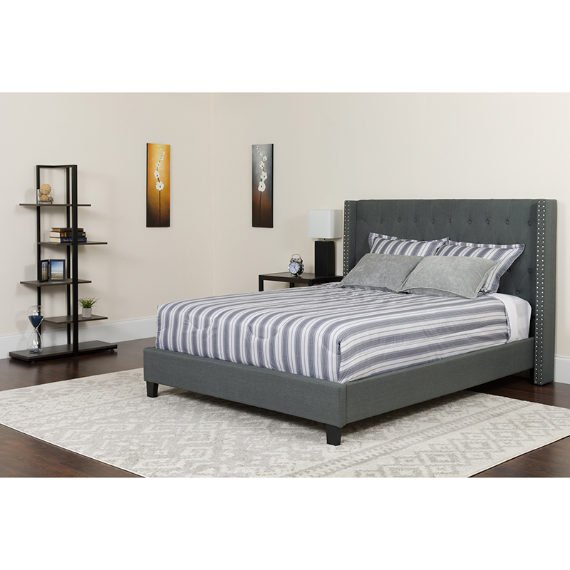 HG-BM-47-GG Riverdale Fabric Tufted Upholstered Platform Bed with Pocket Spring Mattress, Dark Gray - Queen Size -  Flash Furniture