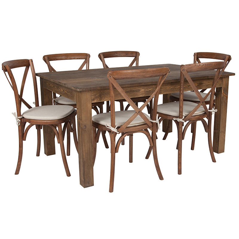 60 x 38 in. Antique Rustic Farm Table Set & 6 Cross Back Chairs with Cushions