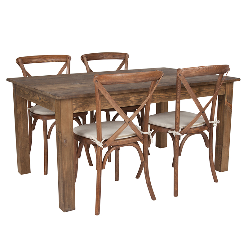 60 x 38 in. Antique Rustic Farm Table Set & 4 Cross Back Chairs with Cushions