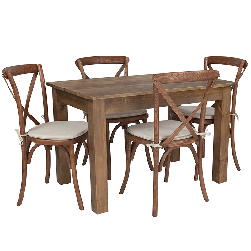 46 x 30 in. Antique Rustic Farm Table Set & 4 Cross Back Chairs with Cushions