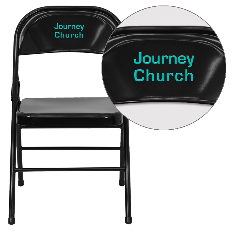 HF3-MC-309AS-BK-EMB-VYL-GG Personalized Hercules Series Triple Braced & Double-Hinged Black Metal Folding Chair, 30 x 18.5 x 19 in.
