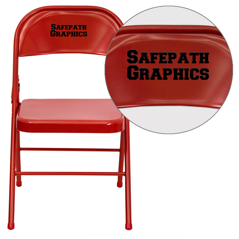 HF3-MC-309AS-RED-EMB-VYL-GG Personalized Hercules Series Triple Braced & Double-Hinged Red Metal Folding Chair, 30 x 18.5 x 19 in.