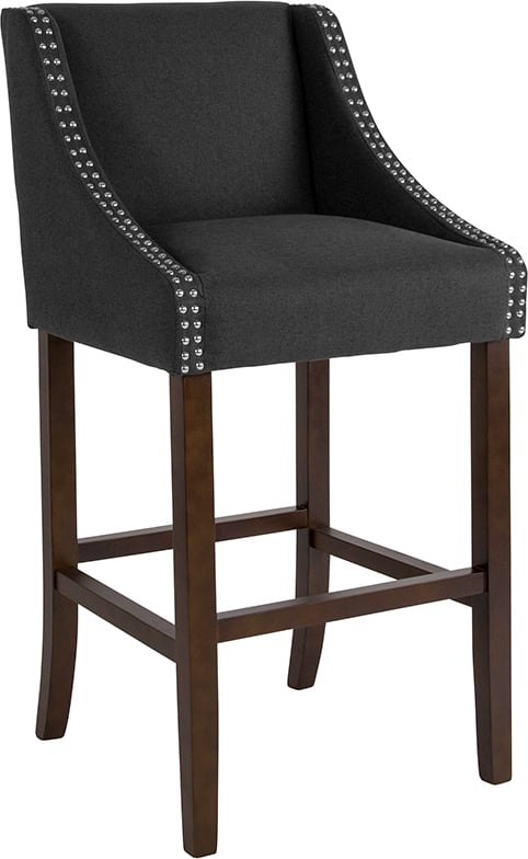 CH-182020-30-BK-F-GG 30 in. Carmel Series High Transitional Walnut Barstool with Accent Nail Trim - Black Fabric -  Flash Furniture