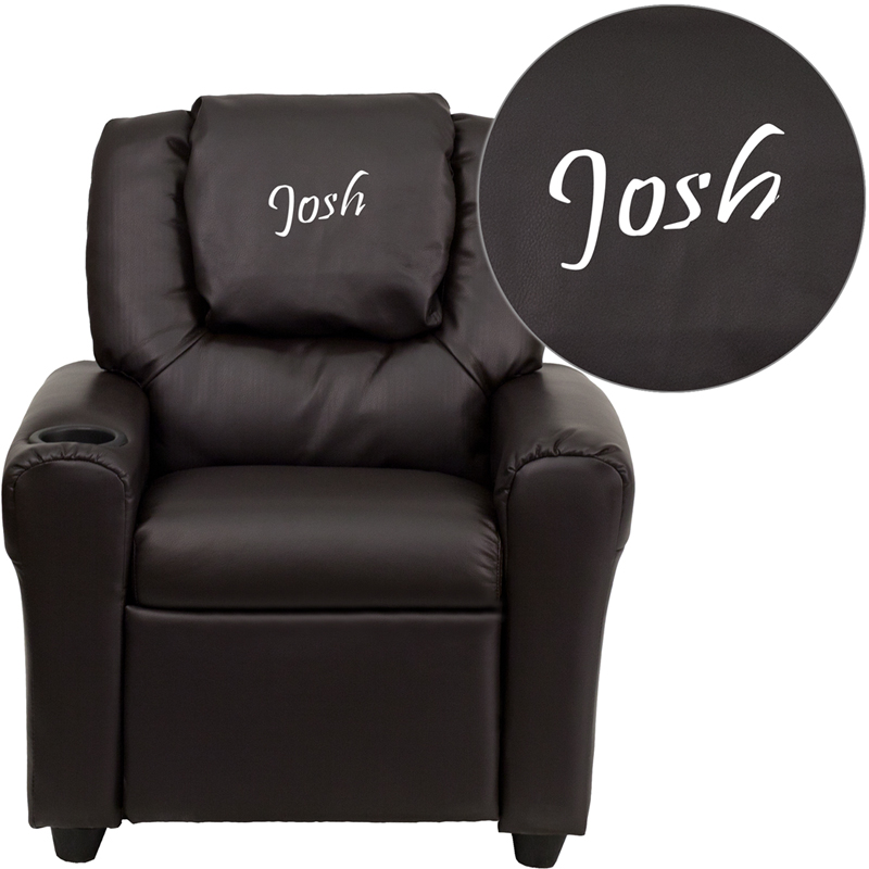 DG-ULT-KID-BRN-EMB-GG Personalized Brown Leather Kids Recliner with Cup Holder & Headrest, 27 x 24 x 21.5 - 36.5 in.