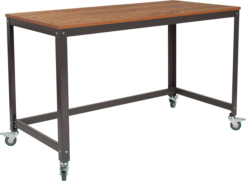 Picture of Flash Furniture NAN-JN-2522D-GG Livingston Computer Table & Desk - Brown Oak Wood Grain with Metal Wheels&#44; 29.25 x 47.25 x 23.75 in.
