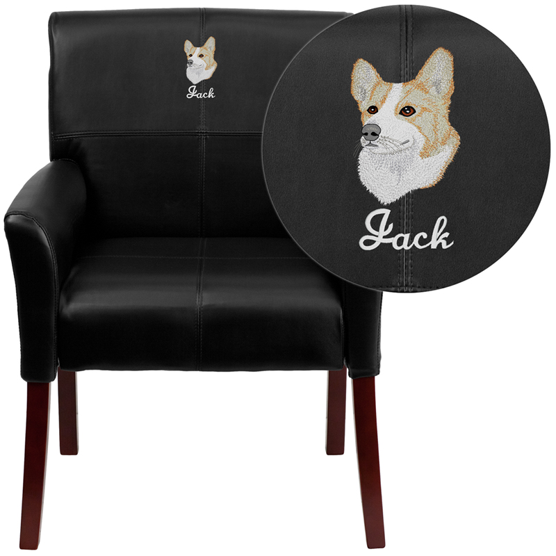 BT-353-BK-LEA-EMB-GG Embroidered Black Leather Executive Side Reception Chair with Mahogany Legs, 35.25 x 26.5 x 23 in.
