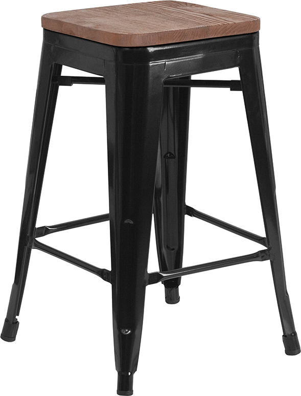 CH-31320-24-BK-WD-GG 24 in. High-Backless Black Metal Counter Height Stool with Square Wood Seat -  Flash Furniture