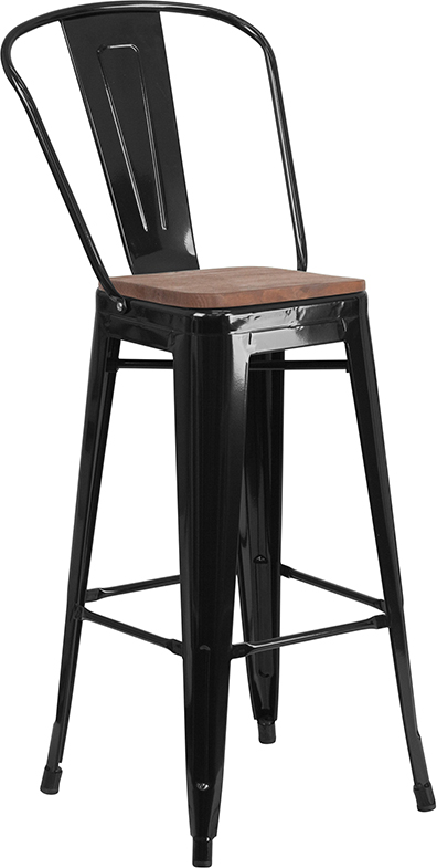 CH3132030GBBKWDGG 30 in High Black Metal Barstool with Back  Wood Seat