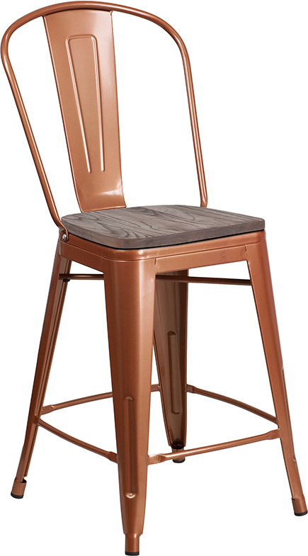 ET-3534-24-POC-WD-GG 24 in. High Copper Metal Counter Height Stool with Back & Wood Seat -  Flash Furniture