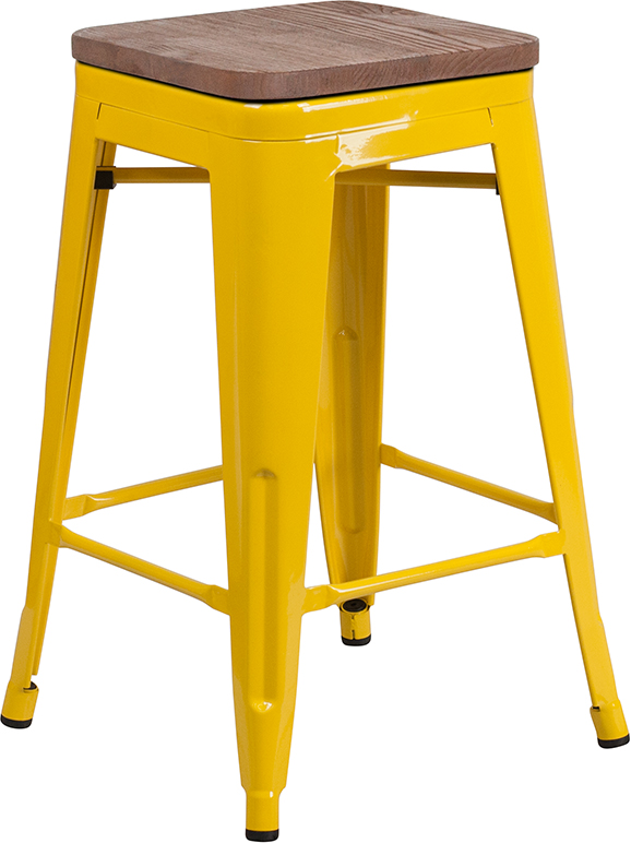 CH-31320-24-YL-WD-GG 24 in. High-Backless Yellow Metal Counter Height Stool with Square Wood Seat -  Flash Furniture