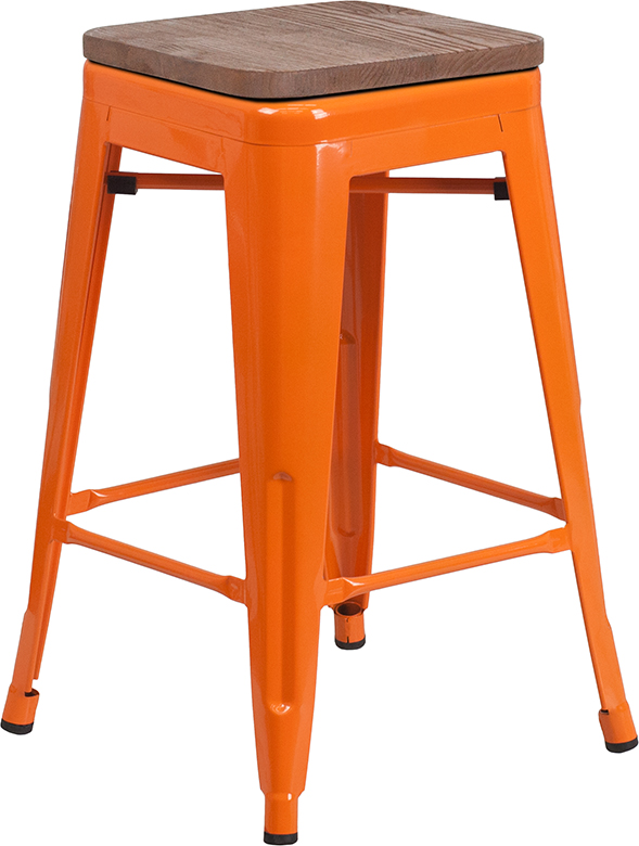 CH-31320-24-OR-WD-GG 24 in. High-Backless Orange Metal Counter Height Stool with Square Wood Seat -  Flash Furniture