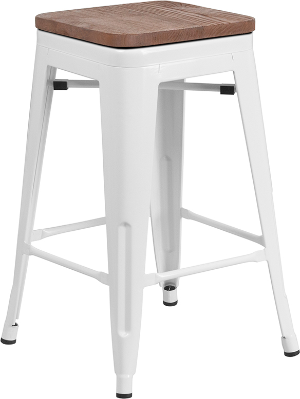 CH-31320-24-WH-WD-GG 24 in. High-Backless White Metal Counter Height Stool with Square Wood Seat -  Flash Furniture