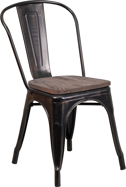 Picture of Flash Furniture CH-31230-BQ-WD-GG Black-Antique Gold Metal Stackable Chair with Wood Seat, 33 x 18 x 20 in.