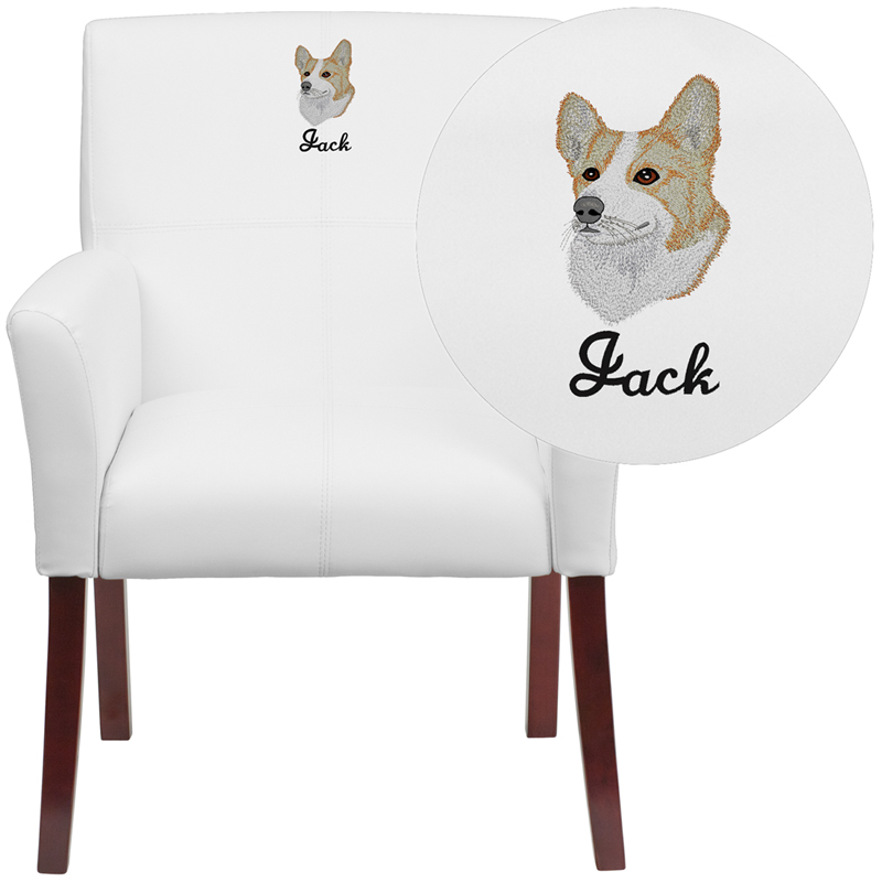 BT-353-WH-EMB-GG Embroidered White Leather Executive Side Reception Chair with Mahogany Legs, 35.25 x 26.5 x 23 in.