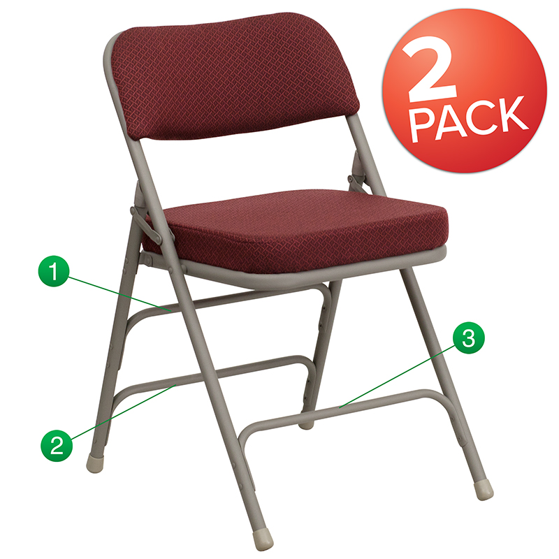 Picture of Flash Furniture 2-HA-MC320AF-BG-GG Hercules Premium Curved Triple Braced & Double Hinged Burgundy Fabric Metal Folding Chair - Pack of 2