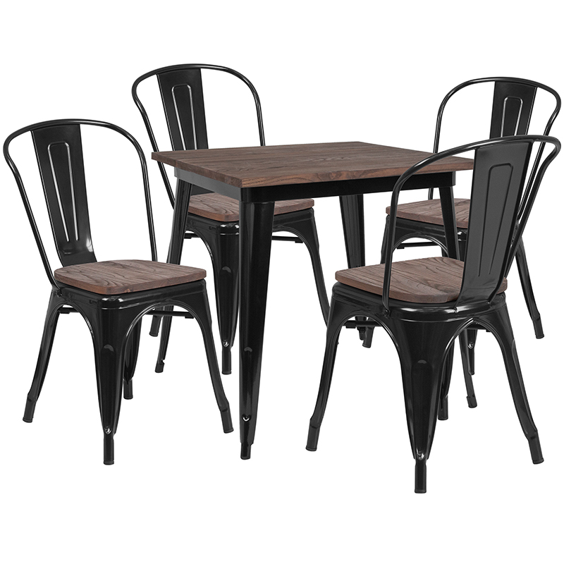 CH-WD-TBCH-18-GG 31.5 in. Square Black Metal Table Set with Wood Top & 4 Stack Chairs -  Flash Furniture