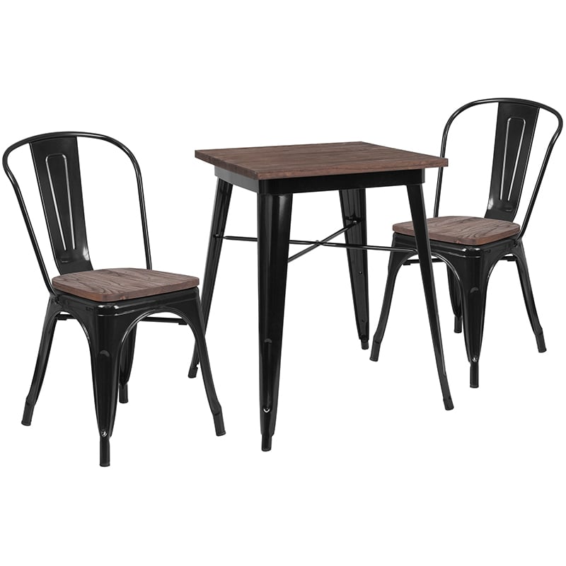 CH-WD-TBCH-15-GG 23.5 in. Square Black Metal Table Set with Wood Top & 2 Stack Chairs -  Flash Furniture