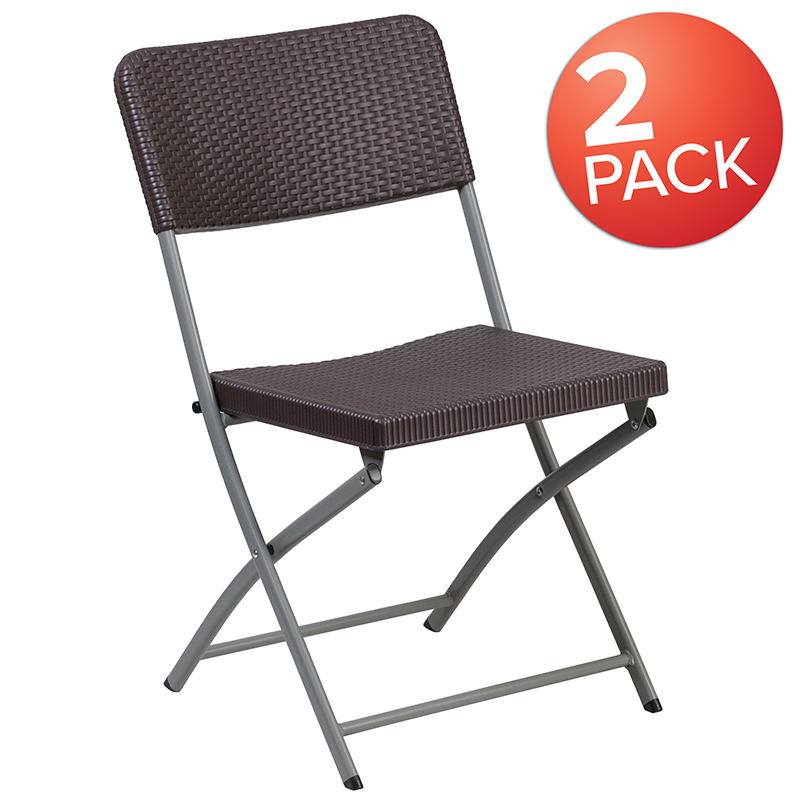 Picture of Flash Furniture 2-DAD-YCZ-61-GG Hercules Brown Rattan Plastic Folding Chair with Gray Frame - Pack of 2
