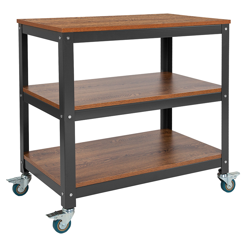 Picture of Flash Furniture NAN-JN-2522B3-GG Livingston Collection 30 in. Rolling Storage Cart with Metal Wheels in Brown Oak Wood Grain Finish