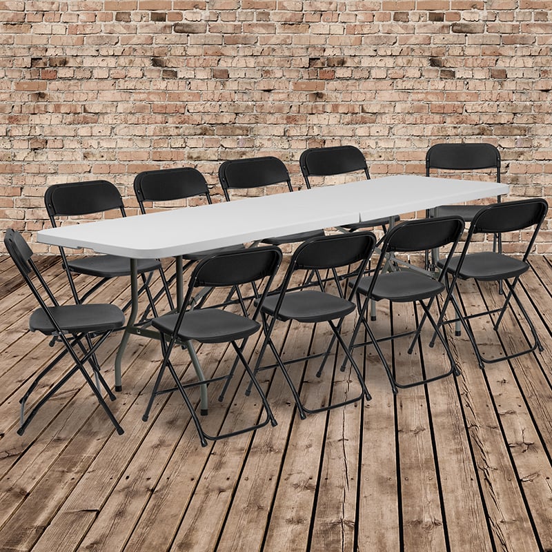 RB-3096F-10-LEL3-BK-GG 8 ft. Bi Fold Granite White Plastic Event & Training Folding Table Set with 10 Folding Chairs
