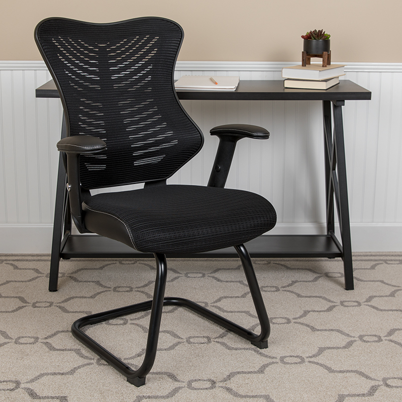 Picture of Flash Furniture BL-ZP-806C-GG Designer Black Mesh Sled Base Side Reception Chair with Adjustable Arms