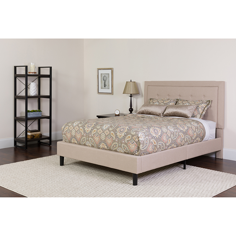 SL-BMF-17-GG Roxbury Twin Size Tufted Upholstered Platform Bed in Beige Fabric with Memory Foam Mattress -  Flash Furniture