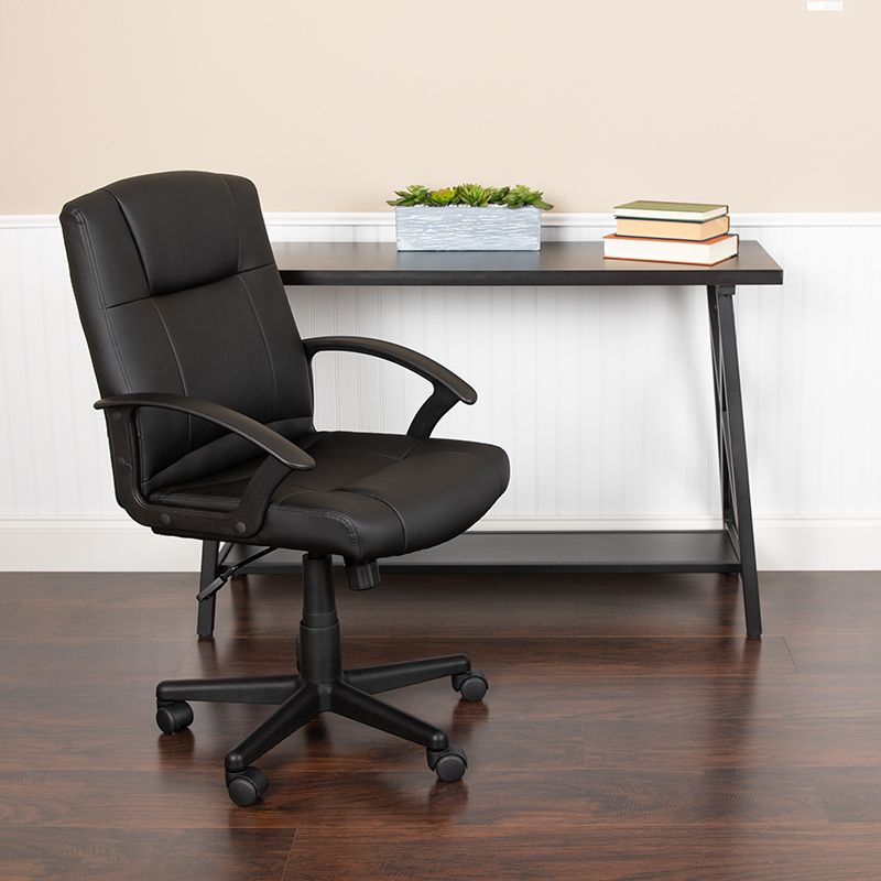 Mid-Back Leather Task Chair - Black - 25 in. - Soft-Padded