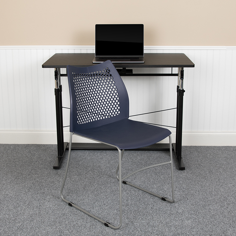 18.25 in. 661 lbs Hercules Series Stack Chair with Air-Vent Back & Powder Coated Sled Base - Navy & Gray