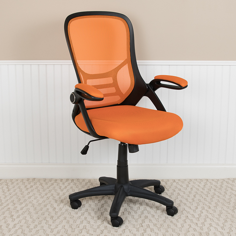 26.5 in. High Back Mesh Ergonomic Swivel Office Chair with Frame & Flip-up Arms, Black & Orange