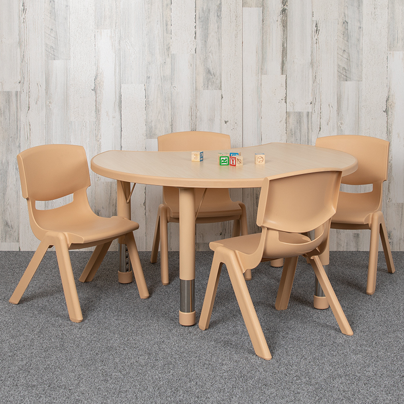 Picture of Flash Furniture YU-YCY-093-0034-CIR-TBL-NAT-GG 25.125 x 35.5 in. Crescent Plastic Height Adjustable Activity Table Set with 4 Chairs&#44; Natural Color