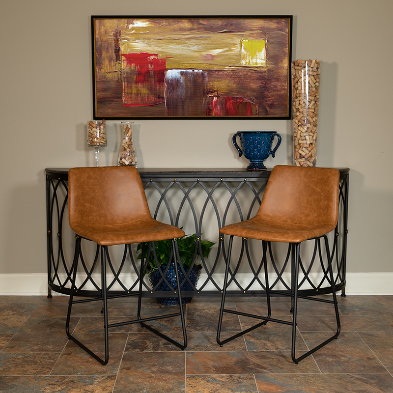 Leather Soft Counter Height Barstools - Light Brown - Set of 2 - Comfortable Design