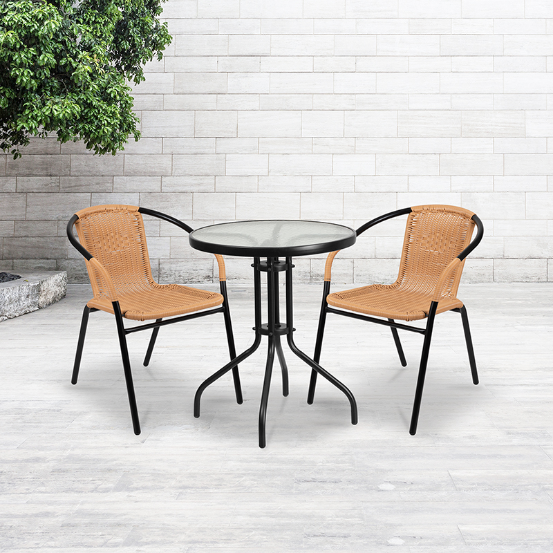 Indoor & Outdoor Restaurant Stack Chair, Beige Rattan - Pack of 2
