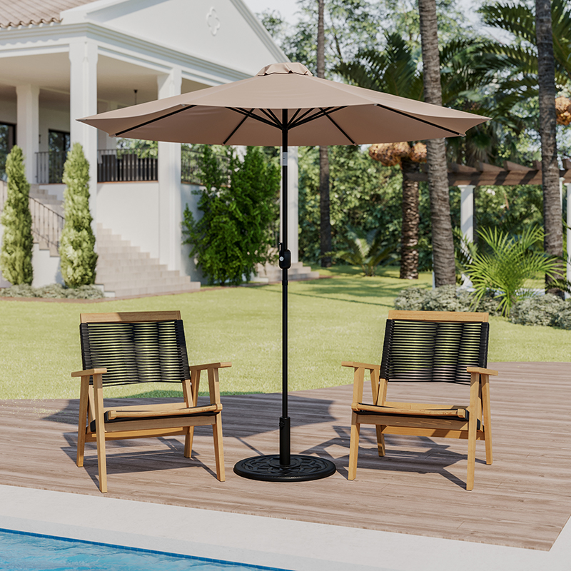 GM-402003-UB19B-TAN-GG 9 ft. Round Umbrella with Crank, Tilt Function & Standing Umbrella Base, Tan