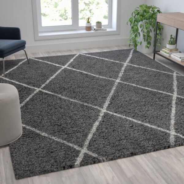 Picture of Flash Furniture RC-KJ-181070-01-810-GR-IV-GG 8 x 10 ft. Shag Style Diamond Trellis Area Rug&#44; Charcoal & Ivory - Polyester