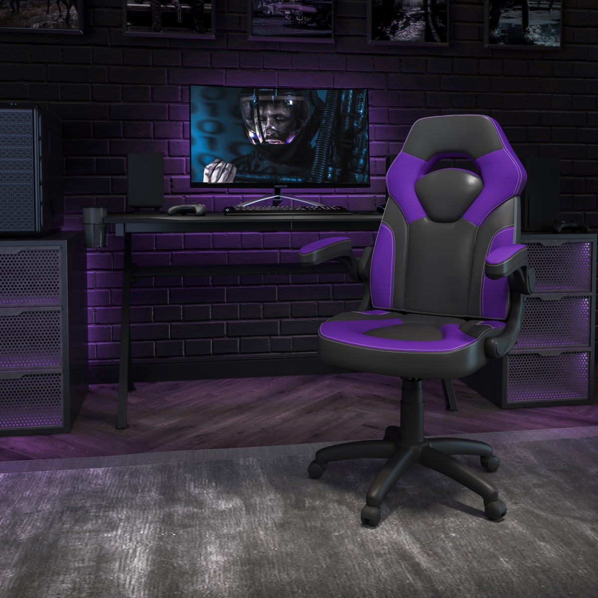 Picture of Flash Furniture CH-00095-PR-GG X10 Racing Office Ergonomic Computer PC Adjustable Swivel Chair with Flip-up Arms&#44; Purple & Black LeatherSoft