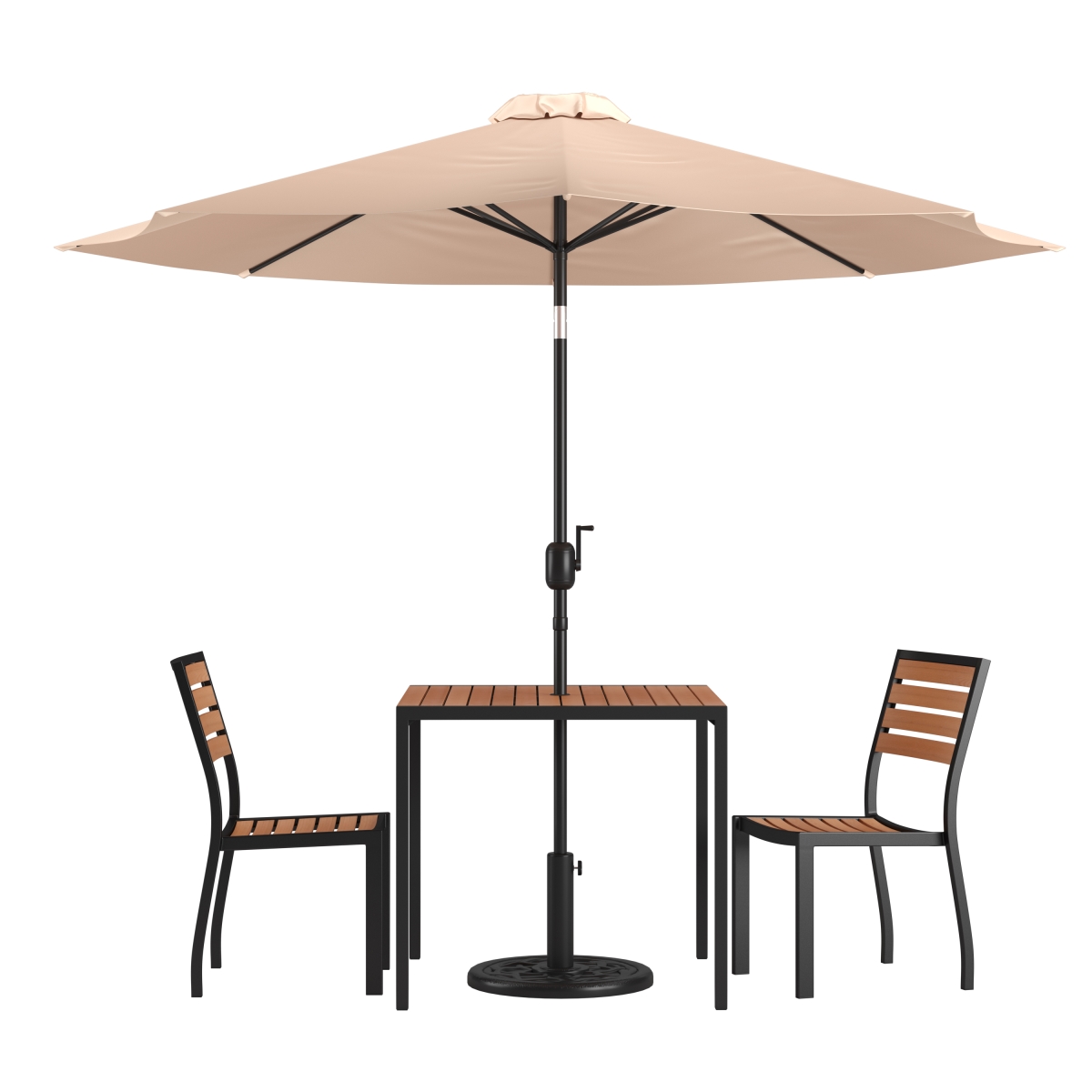 XU-DG-810060362-UB19BTN-GG All-Weather Deck or Patio Set with 35 in. Square 2 Stacking Faux Teak Table & Chairs, Tan Umbrella & Base