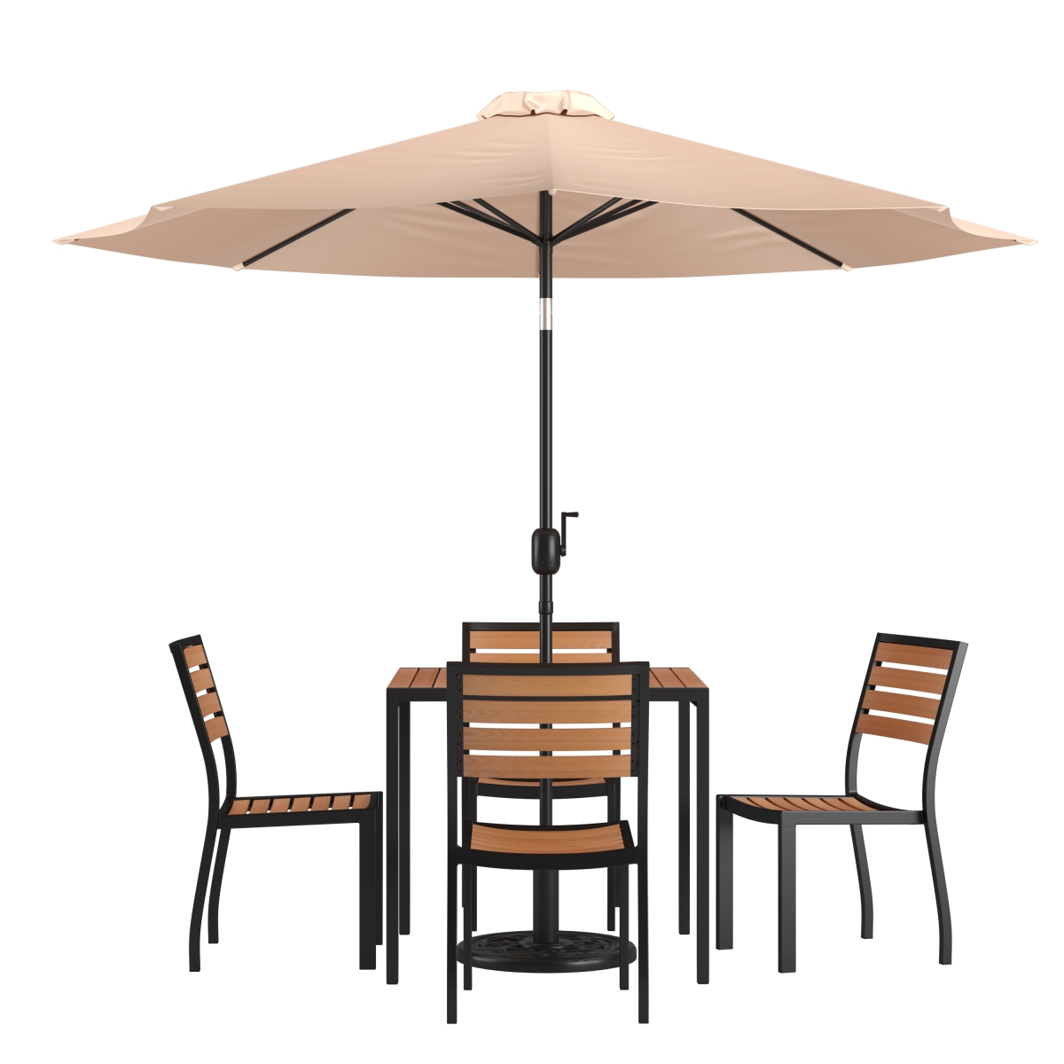 XU-DG-810060364-UB19BTN-GG All-Weather Deck or Patio Set with 35 in. Square 4 Stacking Faux Teak Table & Chairs, Tan Umbrella & Base