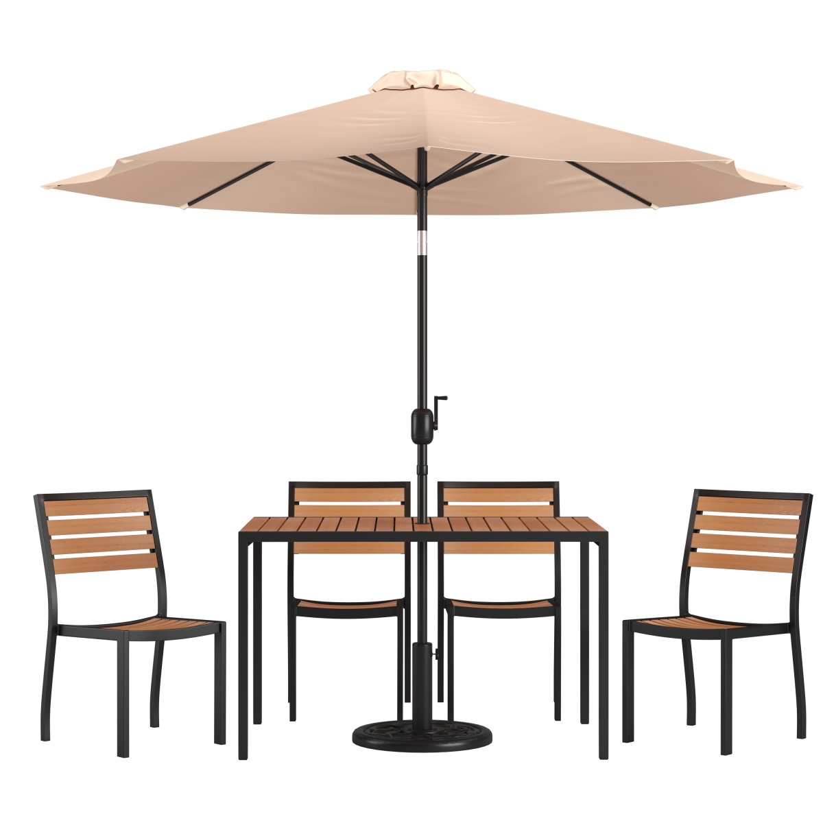 XU-DG-304860364-UB19BTN-GG All-Weather Deck or Patio Set with 30 x 48 in. 4 Stacking Faux Teak Table & Chairs, Tan Umbrella & Base