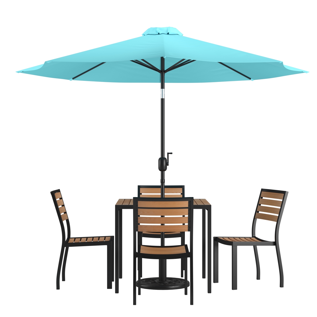 XU-DG-810060364-UB19BTL-GG All-Weather Deck or Patio Set with 35 in. Square 4 Stacking Faux Teak Table & Chairs, Teal Umbrella & Base
