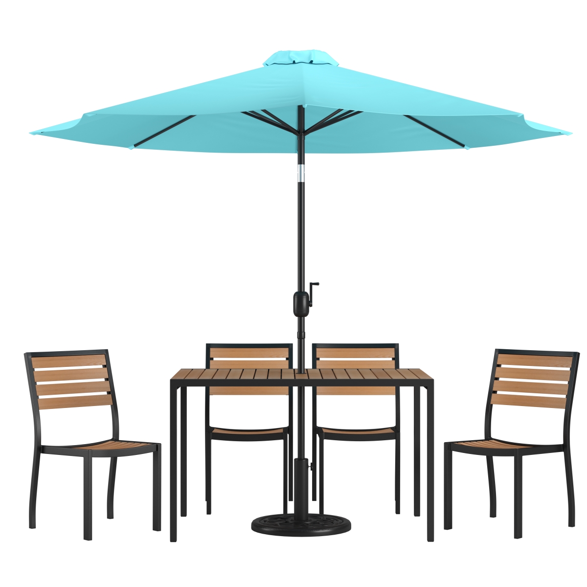 XU-DG-304860364-UB19BTL-GG All-Weather Deck or Patio Set with 30 x 48 in. 4 Stacking Faux Teak Table & Chairs, Teal Umbrella & Base