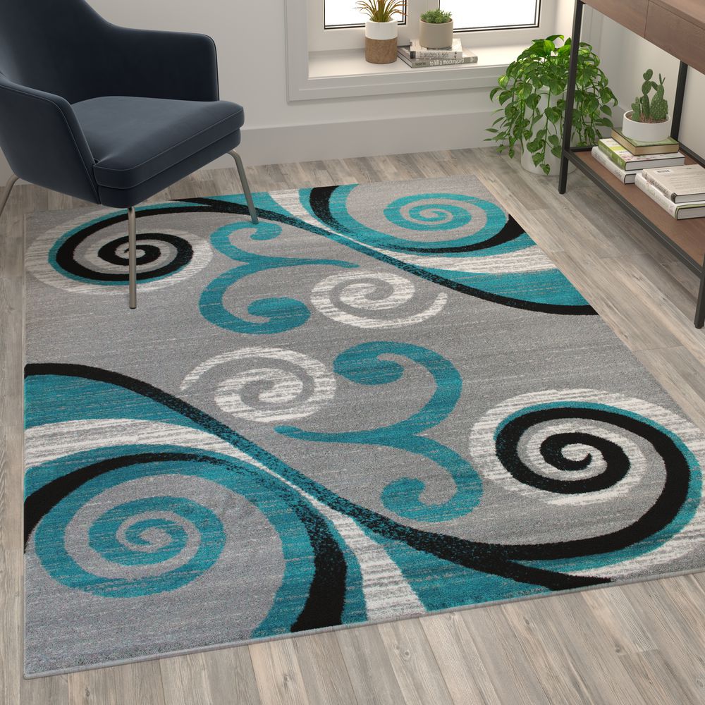 OKR-RG1100-57-TQ-GG 5 x 7 ft. Valli Abstract Olefin Area Rug with Jute Backing for Hallway, Entryway, Bedroom & Living Room - Turquoise -  Flash Furniture