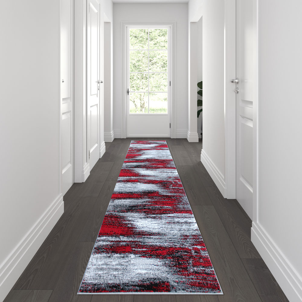 ACD-RGTRZ863-210-RD-GG 2 x 10 ft. Rylan Abstract Olefin Area Rug with Jute Backing for Hallway, Entryway, Bedroom & Living Room - Red -  Flash Furniture