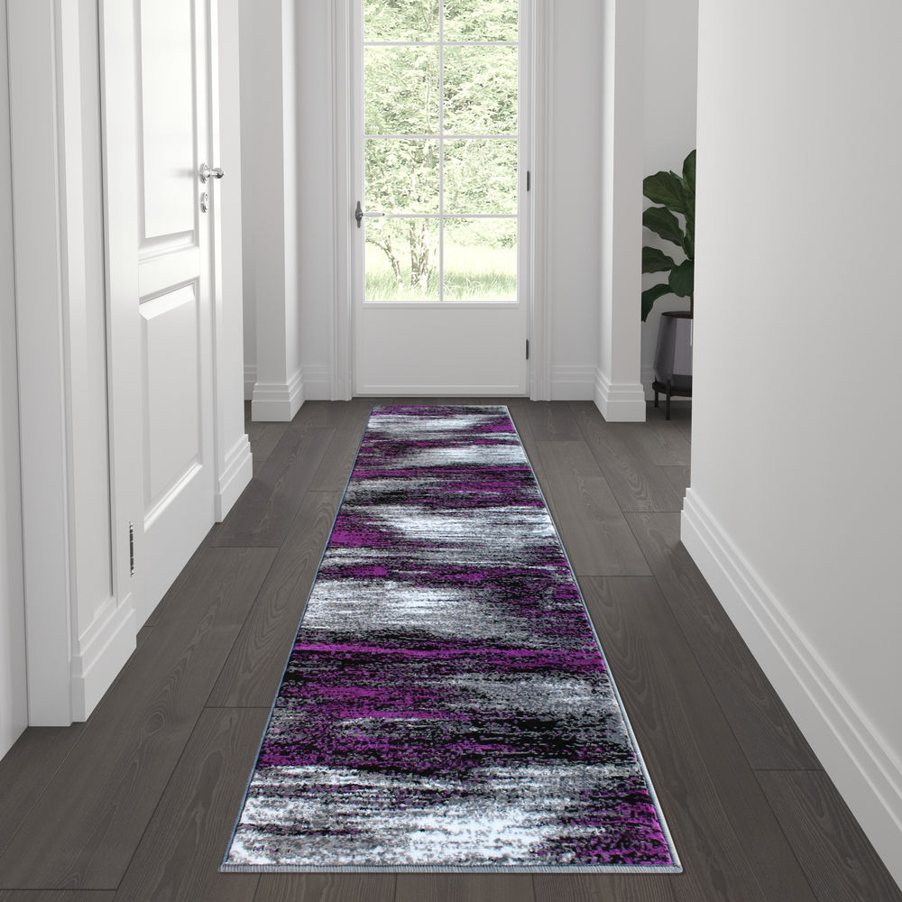 ACD-RGTRZ863-27-PU-GG 2 x 7 ft. Rylan Abstract Olefin Area Rug with Jute Backing for Hallway, Entryway, Bedroom & Living Room - Purple -  Flash Furniture