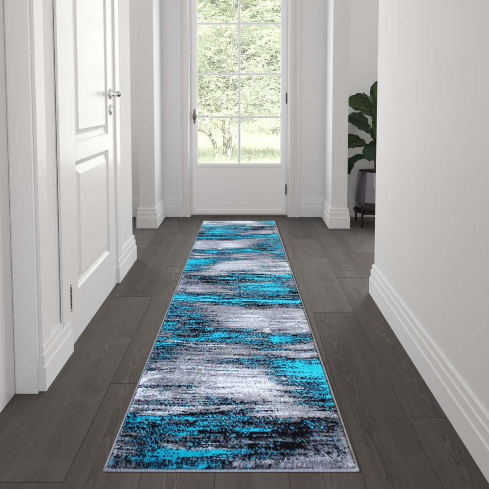 ACD-RGTRZ863-27-TQ-GG 2 x 7 ft. Rylan Abstract Olefin Area Rug with Jute Backing for Hallway, Entryway, Bedroom & Living Room - Turquoise -  Flash Furniture